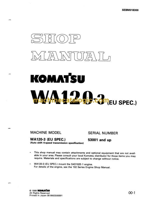 Komatsu WA120-3 EU Spec. Wheel Loader Shop Manual (SEBM018300)