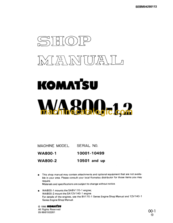 Komatsu WA800-1, WA800-2 Wheel Loader Shop Manual (SEBM04280113)