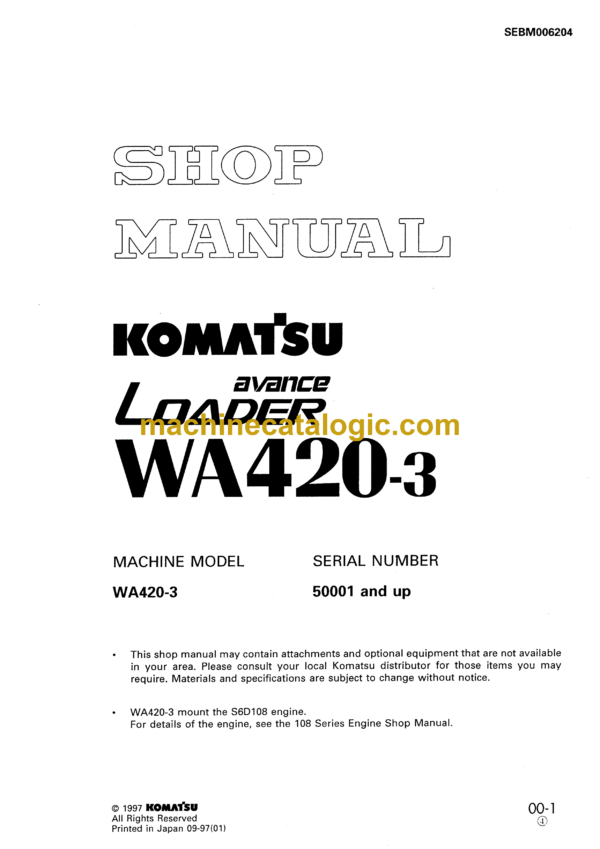 Komatsu WA420-3 Avance Loader Wheel Loader Shop Manual (SEBM006204)