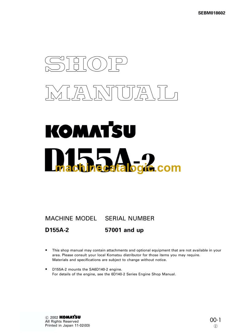Komatsu D155A-2 Bulldozer Shop Manual (SEBM018602)