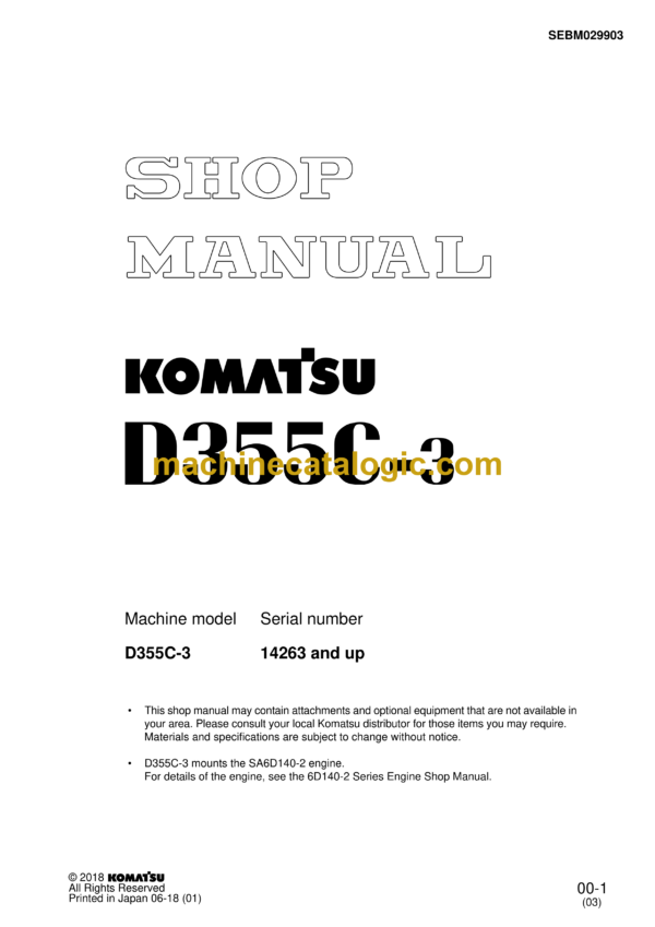 Komatsu D355C-3 Bulldozer Shop Manual (SEBM029903)