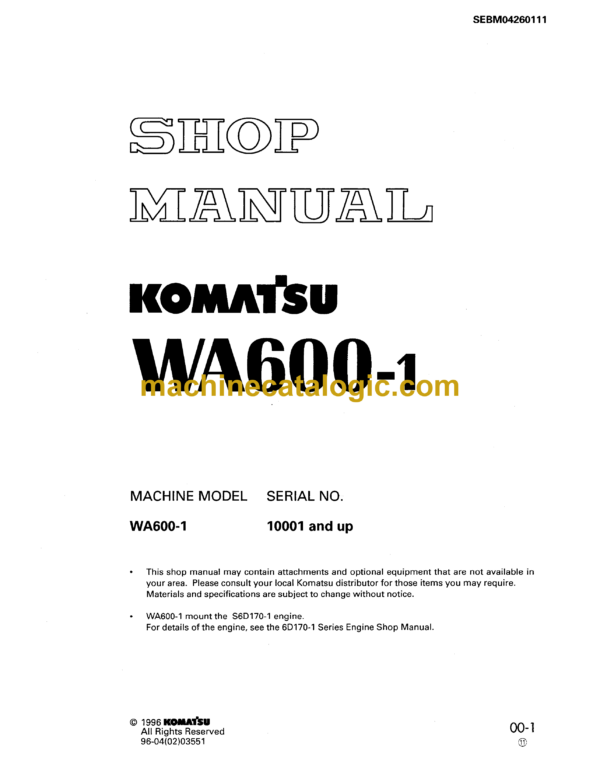 Komatsu WA600-1 Wheel Loader Shop Manual (SEBM04260111)