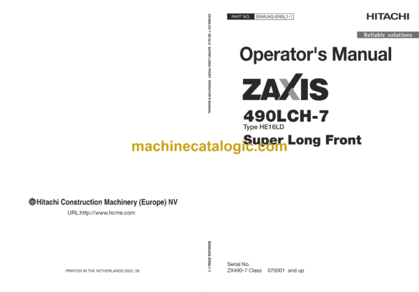 Hitachi ZX490LCH-7 Type HE16LD Super Long Front Operator's Manual (ENMJAQ-ENSL1-1)