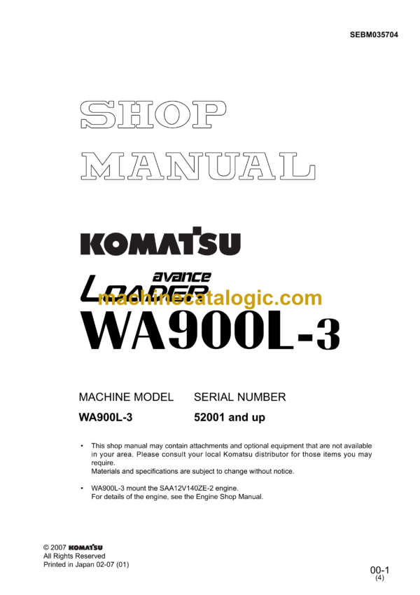 Komatsu WA900L-3 Avance Loader Wheel Loader Shop Manual (SEBM035704)