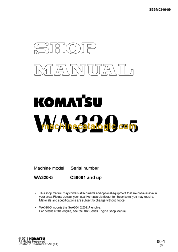 Komatsu WA320-5 Wheel Loader Shop Manual (SEBM0346-09)