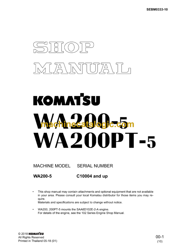 Komatsu WA200-5, WA200PT-5 Wheel Loader Shop Manual (SEBM0333-10)