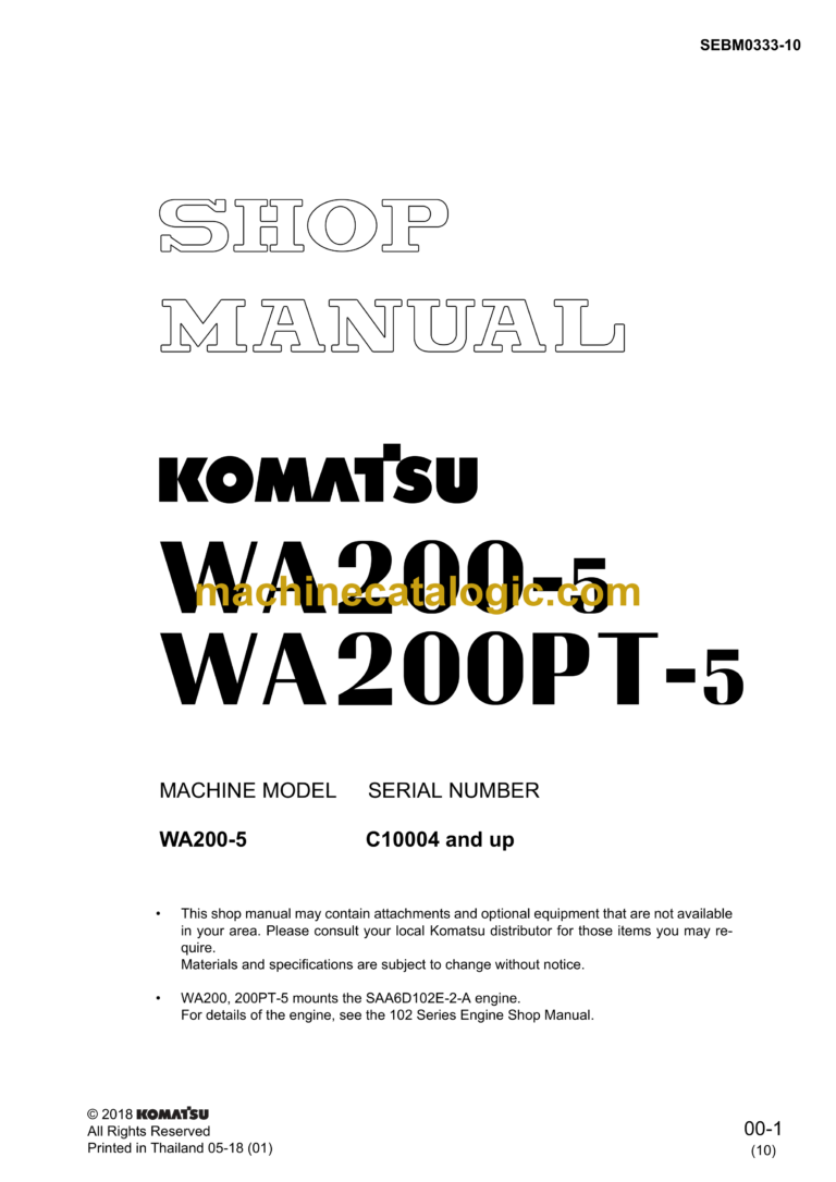 Komatsu WA200-5, WA200PT-5 Wheel Loader Shop Manual (SEBM0333-10)
