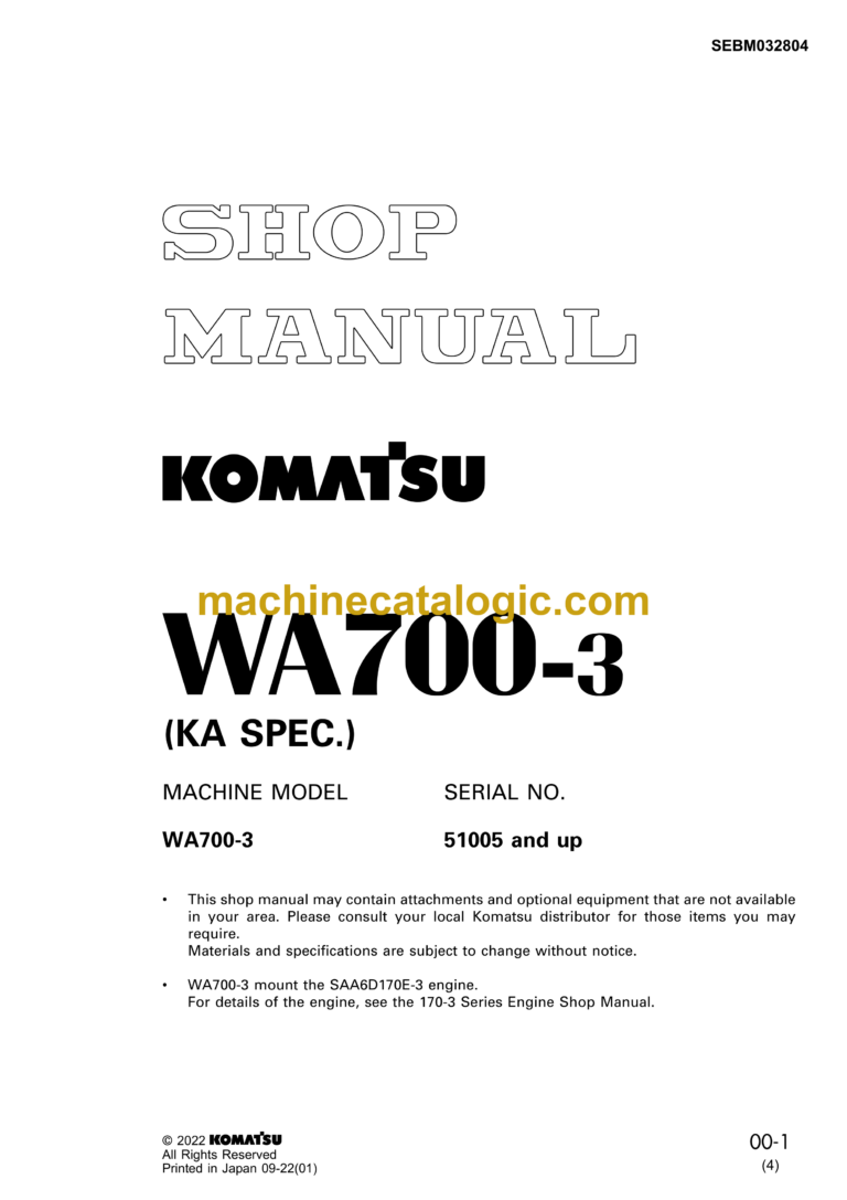 Komatsu WA700-3 KA Spec. Wheel Loader Shop Manual (SEBM032804)