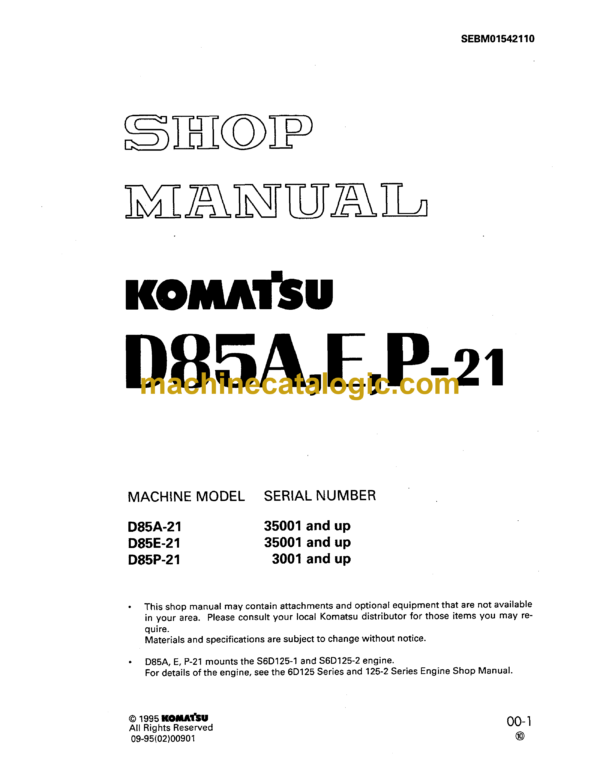 Komatsu D85A,E,P-2 Bulldozer Shop Manual (SEBM1542110)