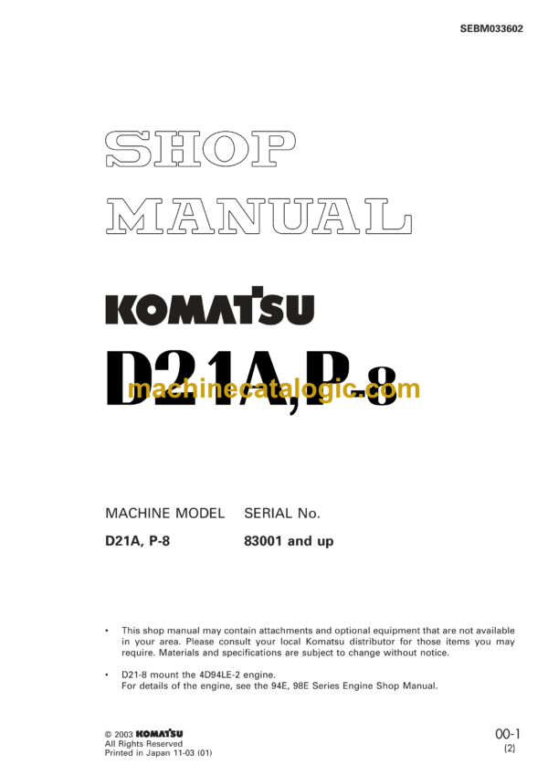 Komatsu D21A, P-8 Dozer Shop Manual (SEBM033602)