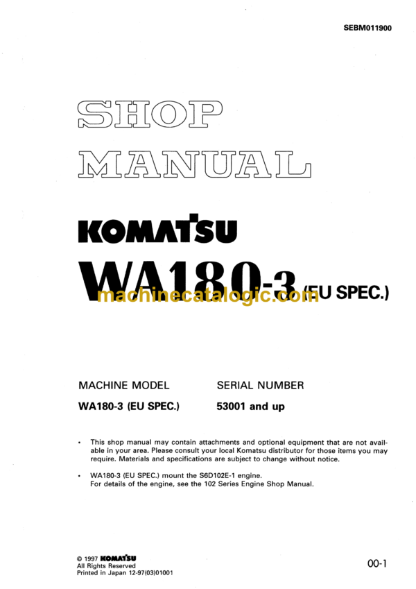 Komatsu WA180-3 EU Spec. Wheel Loader Shop Manual (SEBM011900)