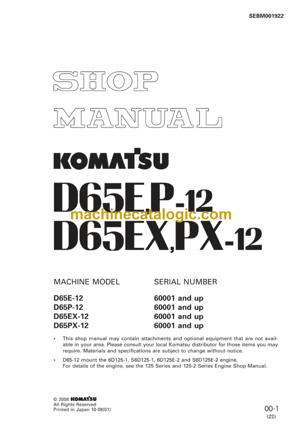 Komatsu D65E,P-12, D65EX,PX-12 Bulldozer Shop Manual (SEBM001922)