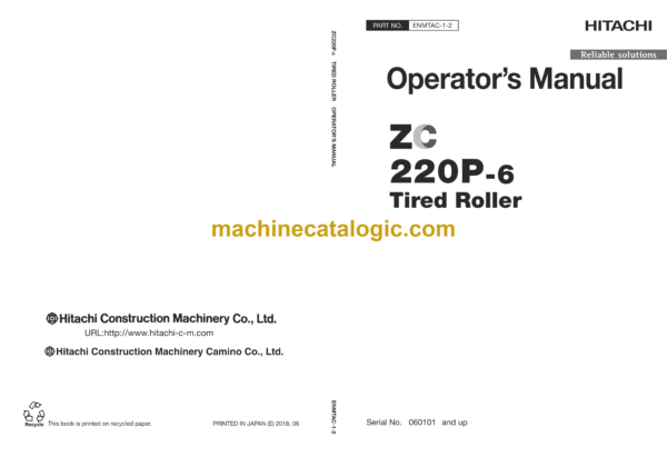 Hitachi ZC220P-6 Tired Roller Operator’s Manual (ENMTAC-1-2, ENMTAC-1-3)