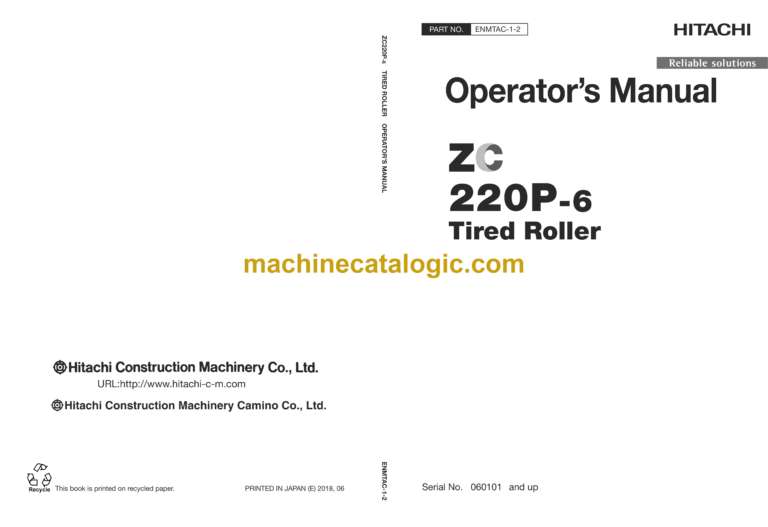 Hitachi ZC220P-6 Tired Roller Operator’s Manual (ENMTAC-1-2, ENMTAC-1-3)