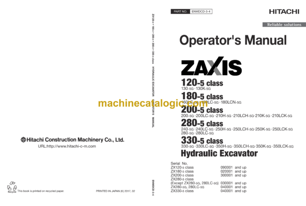 Hitachi ZX120-5G class, ZX180-5G class, ZX200-5G class, ZX280-5G class, ZX330-5G class Hydraulic Excavator Operator's Manual (ENMDCD-3-2 to ENMDCD-3-8)