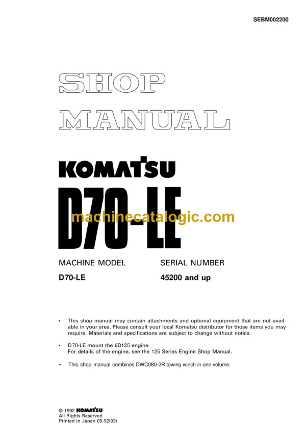 Komatsu D70-LE Bulldozer Shop Manual (SEBM002200)