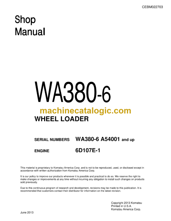 Komatsu WA380-6 Wheel Loader Shop Manual (CEBM022703)