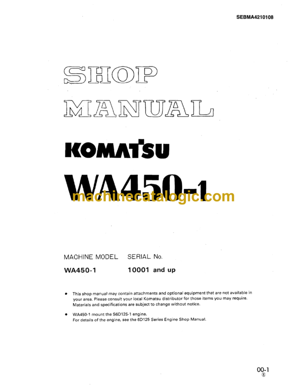 Komatsu WA450-1 Wheel Loader Shop Manual (SEBM04210108)