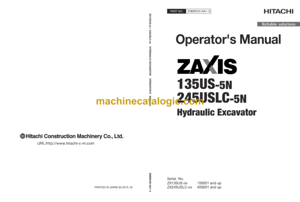 Hitachi ZX135US-5N, ZX245USLC-5N Hydraulic Excavator Operator's Manual (ENMDCN-NA1-3)