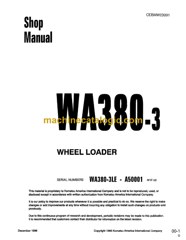 Komatsu WA380-3 Wheel Loader Shop Manual (CENMW23091)