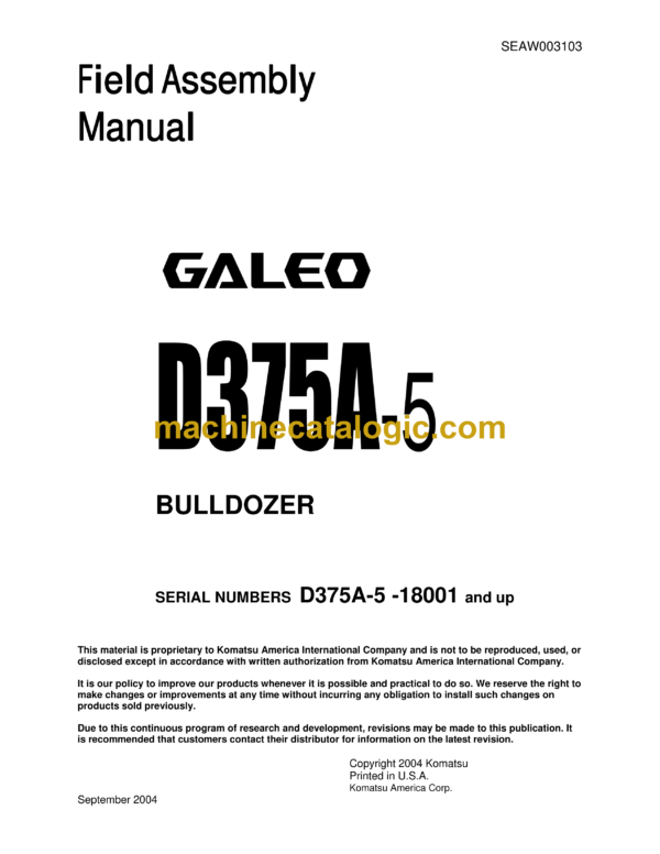 Komatsu D375A-5 Bulldozer Shop Manual (SEAW003103)