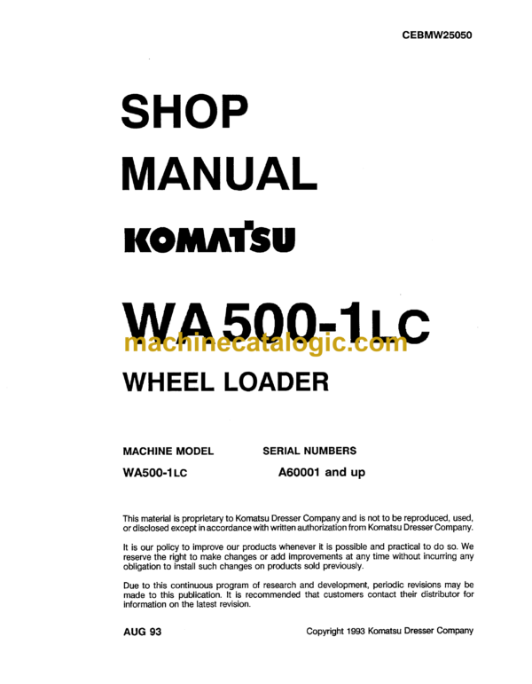 Komatsu WA500-1LC Wheel Loader Shop Manual (CEBMW25050)