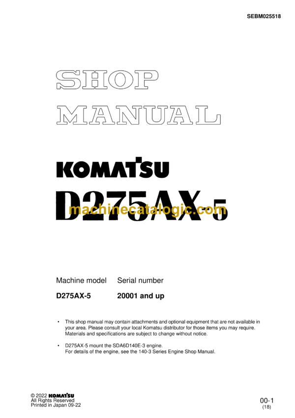 Komatsu D275AX-5 Bulldozer Shop Manual (SEBM025518)