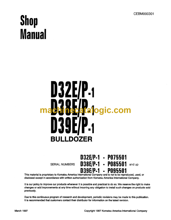 Komatsu D32E-1, D32P-1, D38E-1, D38P-1, D39E-1, D39P1 Bulldozer Shop Manual (CEBM000301)