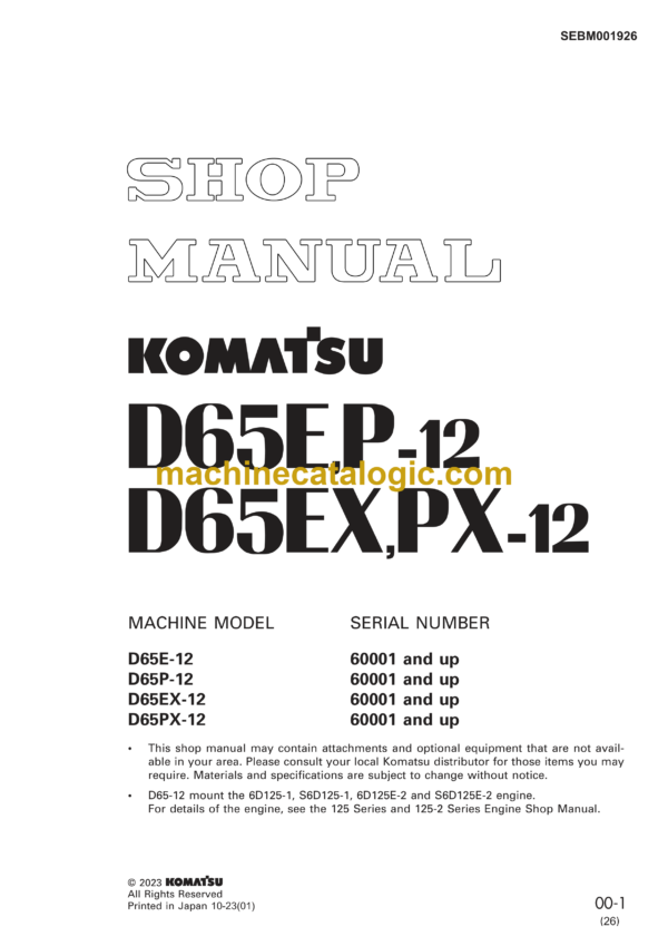 Komatsu D65E,P-12 D65EX,PX-12 Bulldozer Shop Manual (SEBM001926)