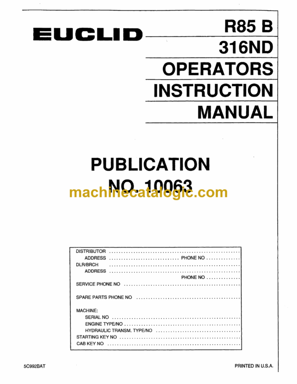 Hitachi R85B 316ND Dump Truck Operator's Manual (10063ENG)