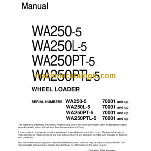 Komatsu WA250-5, WA250L-5, WA250PT-5, WA250PTL-5 Wheel Loader Shop Manual (SEBM033205)