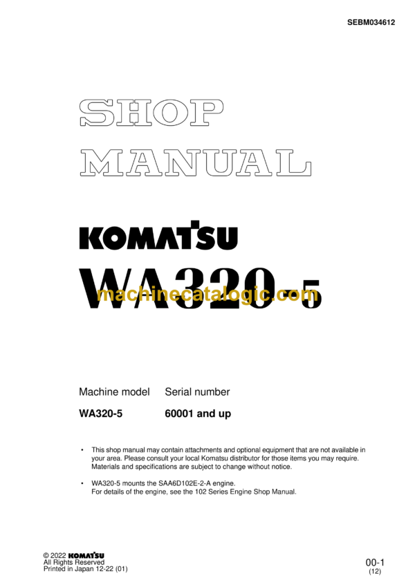 Komatsu WA320-5 Wheel Loader Shop Manual (SEBM034612)