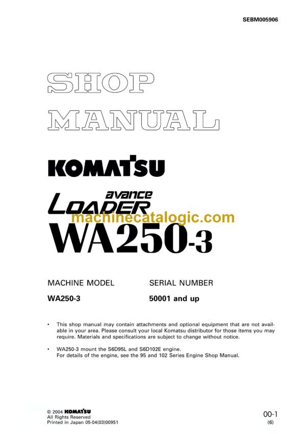 Komatsu WA250-3 Avance Loader Wheel Loader Shop Manual (SEBM005906)