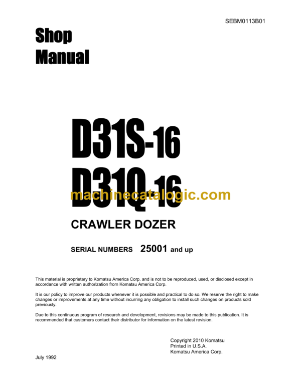 Komatsu D31S-16, D31Q-16 Crawler Dozer Shop Manual (SEBM0113B01)