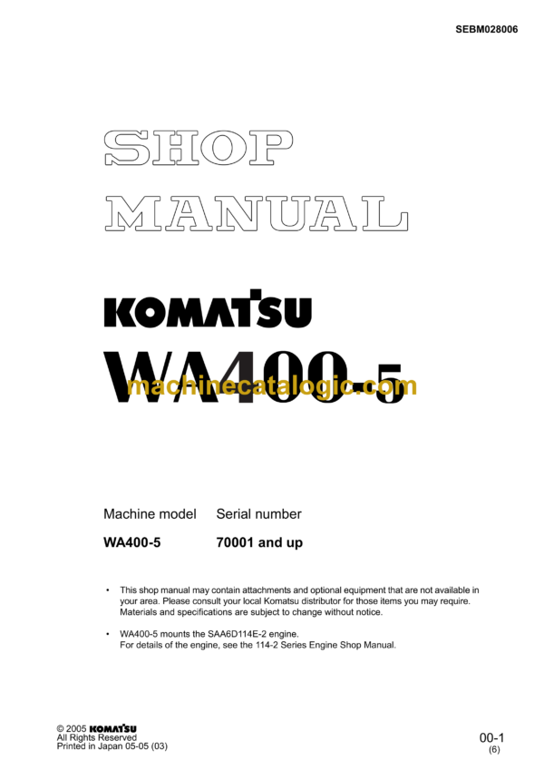 Komatsu WA400-5 Wheel Loader Shop Manual (SEBM028006)