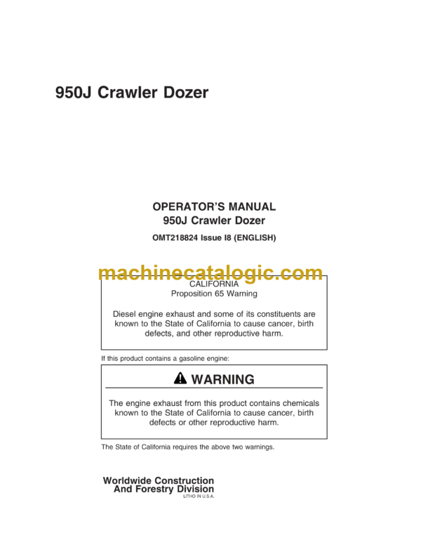 John Deere 950J Crawler Dozer Operator's Manual (OMT18824)