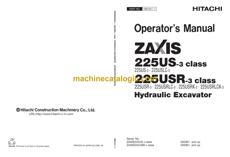 Hitachi ZX225US-3 class ,ZX225USR-3 class Hydraulic Excavator Operator's Manual (EM1U4-1-1)
