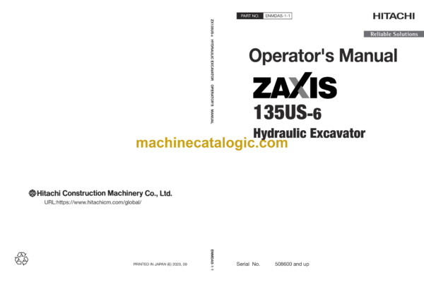 Hitachi ZX135US-6 Hydraulic Excavator Operator's Manual (ENMDAS-1-1)