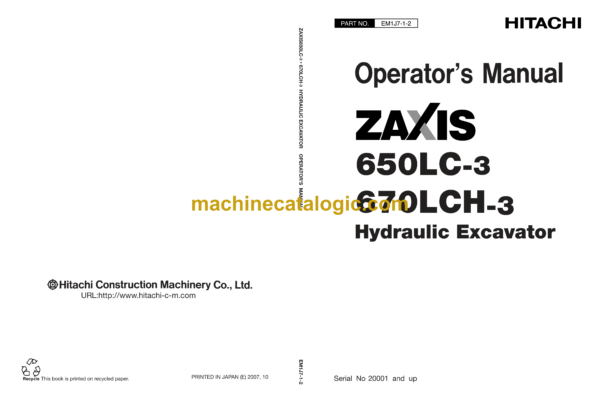 Hitachi ZX470LCH-5G Extendable Truck Frame Operator's Manual & Parts Catalog (EM1J7-1-2)