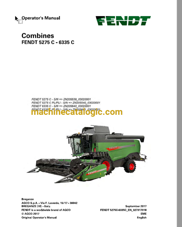 Fendt 5275C-6335C Combines Harvesting Operator's Manual (3273178F)