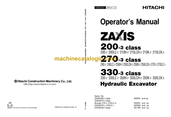 Hitachi ZX200-3,ZX240-3,ZX270-3,ZX330-3 Excavator Operator's Manual (EM1U1-1-2)