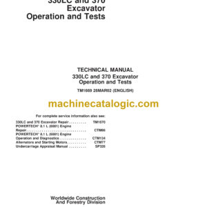 John Deere 330LC, 370 Excavator Operation and Tests Technical Manual (TM1669)