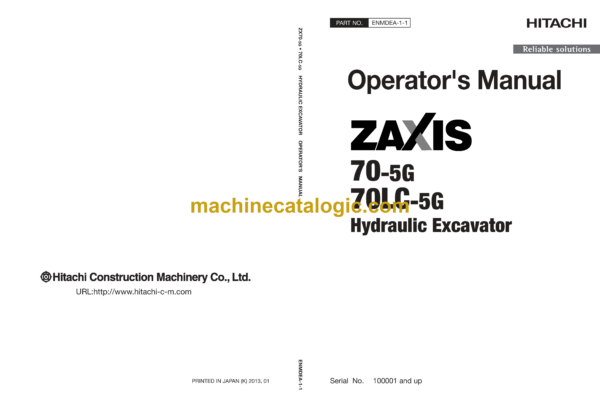 Hitachi ZX70-5G Hydraulic Excavator Operator's Manual (ENMDEA-1-1)