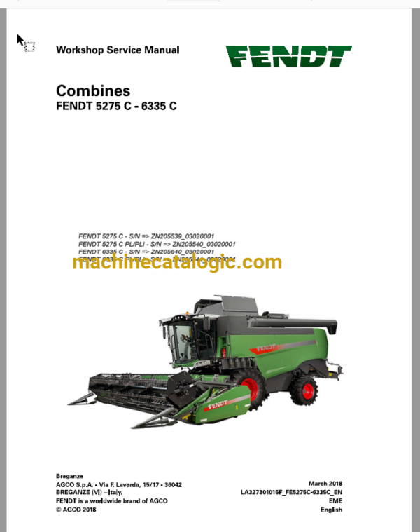 Fendt 5275C-6335C Combines Harvesting Operator's Manual (327301015F)