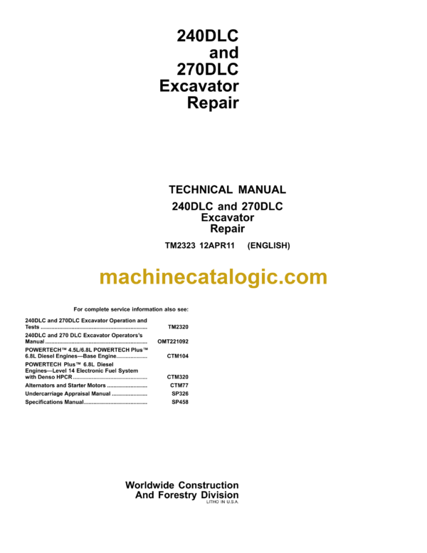 John Deere 240DLC and 270DLC Excavator Repair Technical Manual (TM2323)