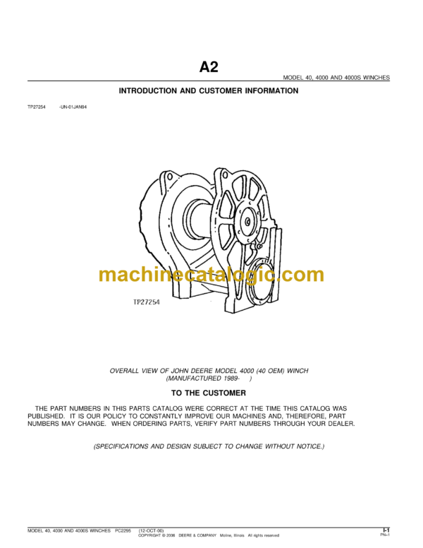 John Deere Model 40, 4000 and 4000S Winches Parts Catalog (TP27254)