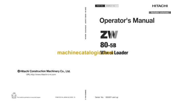 Hitachi ZW80-5B Wheel Loader Operator's Manual (ENMNCH-NA1-4, ENMNCH-NA1-3)