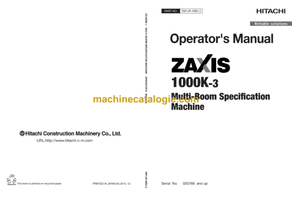 Hitachi ZX1000K-3 Multi-Boom Specification Machine Operator's Manual (EM1JR-MB2-2)