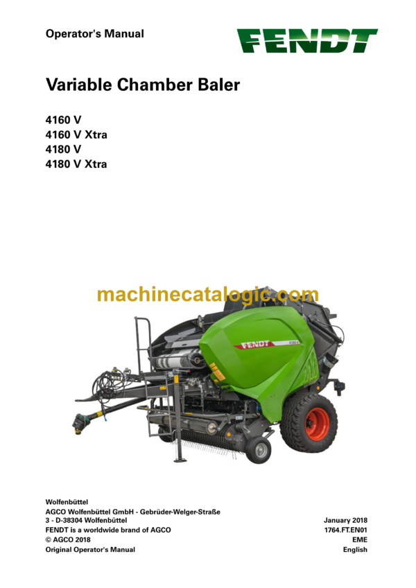 Fendt 4160V, 4160V Extra, 4180V, 4180V Extra Variable Chamber Baler Operator's Manual