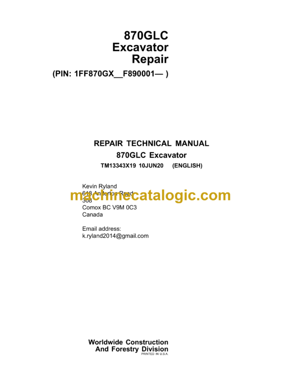 John Deere 870GLC Excavator Repair Technical Manual (TM13343X19)